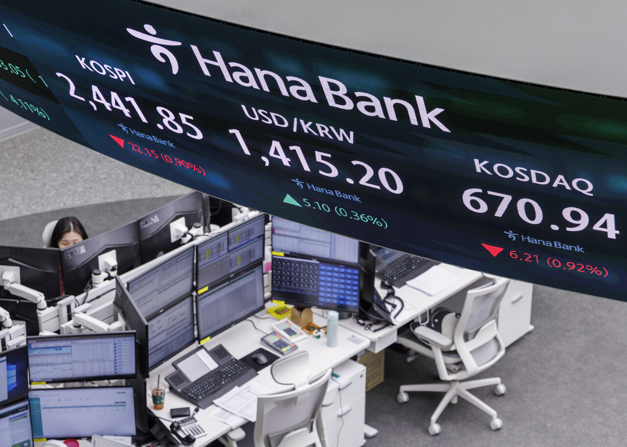 한국거래소에 따르면 이번 비상계엄 사태 이후 이틀(12월 4·5일) 간 외국인 투자자는 코스피 시장에서 7240억원을 순매도한 것으로 집계됐다. 서울 중구 하나은행 본점 딜링룸. [사진=연합뉴스]