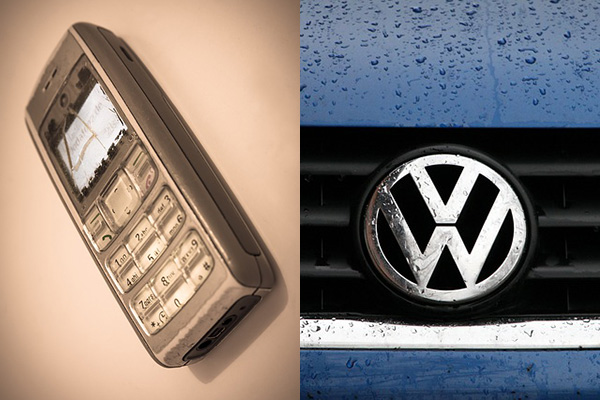 한때 전 세계 휴대폰 시장을 점령했던 핀란드의 노키아가 시장의 변화에 적절히 대응하지 못하면서 몰락의 길로 접어들었다. 또한 독일의 폭스바겐도 'IT내재화'의 실패로 시장에서 외면받고 있다. (사진 왼쪽) 노키아의 깨진 구형 휴대폰과 비 맞은 폭스바겐 차량의 모습. [사진=픽사베이]