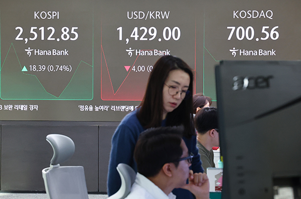 16일 오전 서울 중구 하나은행 본점 딜링룸 현황판에 코스피, 원/달러 환율, 코스닥 지수가 표시돼 있다. 이날 전 거래일보다 코스피는 16.62p(0.67%) 오른 2511.08로, 코스닥 지수는 6.08p(0.88%) 오른 699.81로 시작했다. 원/달러 환율은 2.0원 내린 1431.0원 출발했다. [사진=연합뉴스]