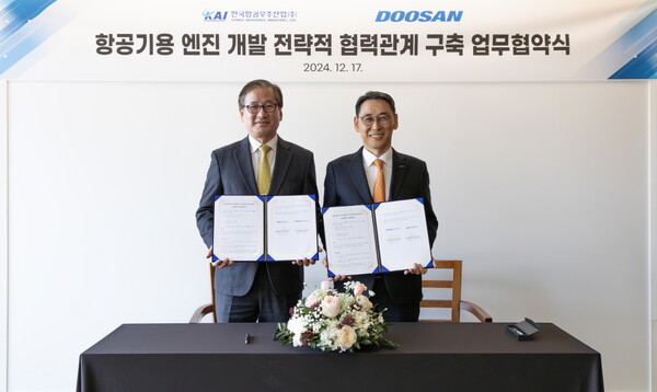 17일 두산에너빌리티 창원 본사에서 KAI 강구영 사장(왼쪽)과 두산에너빌리티 정연인 부회장이 '항공기용 엔진 개발 전략적 협력관계 구축 업무협약’에 서명 후 기념촬영을 하고 있다. [두산에너빌리티 제공=뉴스퀘스트]