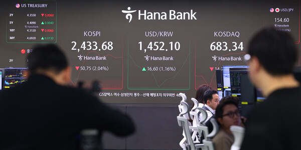 미국 연방준비제도의 금리인하 속도 조절과 그에 따른 미국 증시 급락의 영향으로 코스피 지수가 하락하고, 환율이 급등했다. 서울 중구 하나은행 딜링룸. [사진=연합뉴스]