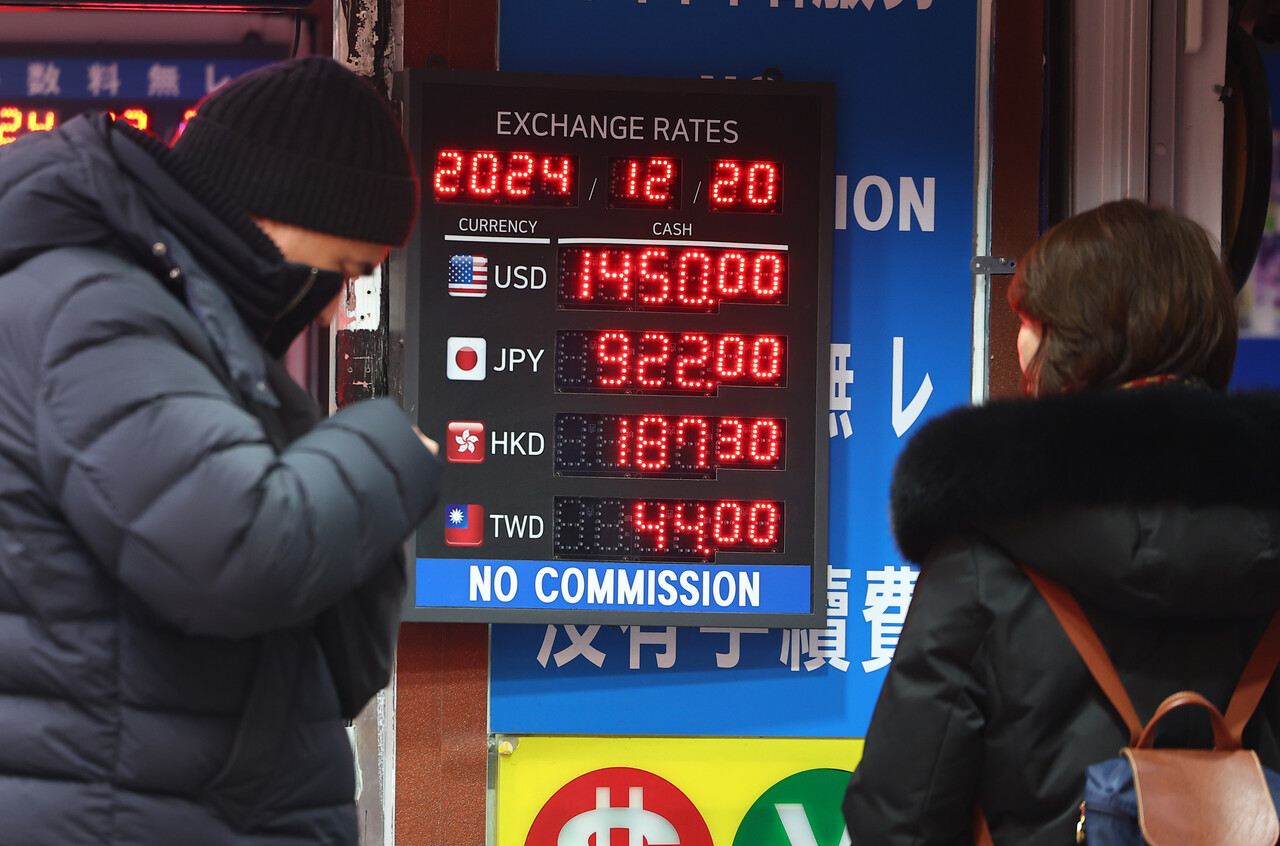 KB국민·NH농협·신한·우리·하나은행(가나다 순) 등 5대 은행에서 고객들이 달러화를 원화로 환전(현찰 기준)한 금액은 이달 1~20일 기준 2억1300만달러인 것으로 나타났다. 서울 중구 명동거리 환전소에 원/달러 환율이 표시된 모습. [사진=연합뉴스]