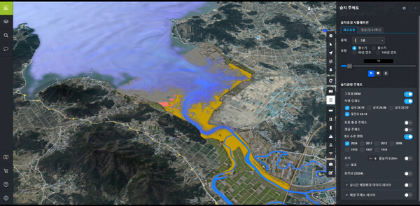 순천만의 수치해석모델을 활용하여 평수기, 홍수기, 50년 빈도 홍수기, 100년 빈도 홍수기 등의 조건으로 해수유동 및 염분확산을 시뮬레이션 한 모습 [이지스 제공=뉴스퀘스트] 