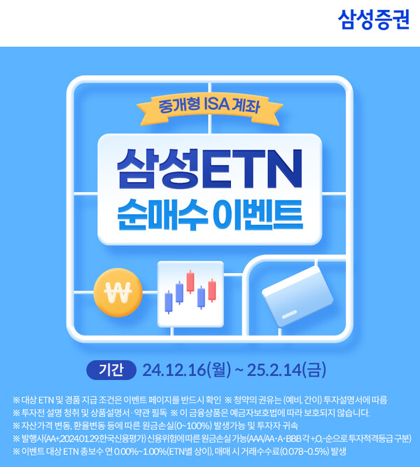 삼성증권은 2025년 2월 14일까지 중개형ISA에서 이벤트 대상에 해당하는 ETN을 거래한 고객을 대상으로 이벤트를 진행한다고 31일 밝혔다. [삼성증권 제공=뉴스퀘스트]