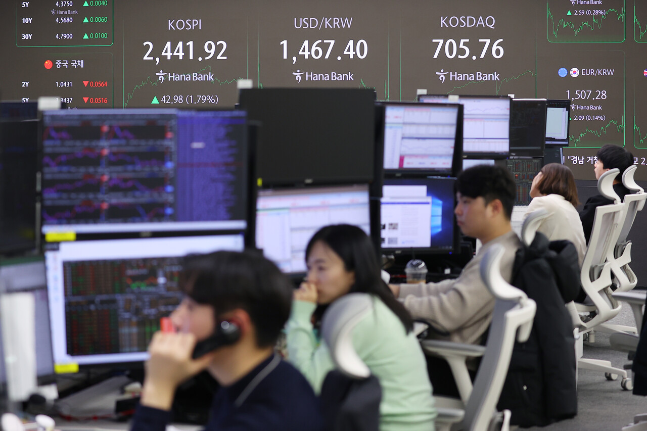 3일 코스피 지수는 외국인과 기관 매수세에 힘입어 전 거래일보다 1.79%(42.98포인트) 오른 2441.92에 장을 마쳤다. 서울 중구 하나은행 본점 딜링룸. [사진=연합뉴스]