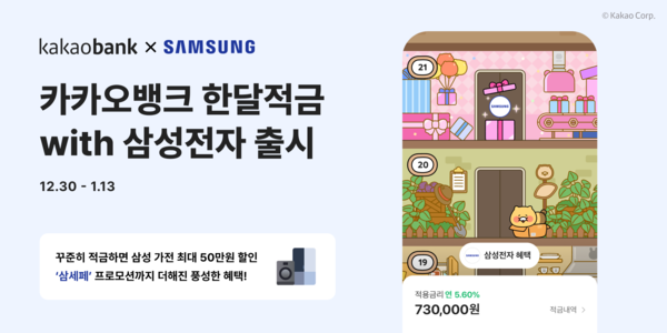카카오뱅크는 ‘한달적금’에 ‘삼성전자’ 쇼핑 혜택까지 받을 수 있는 제휴 상품 ‘한달적금with삼성전자’를 오는 13일까지 한정 판매한다고 6일 밝혔다.