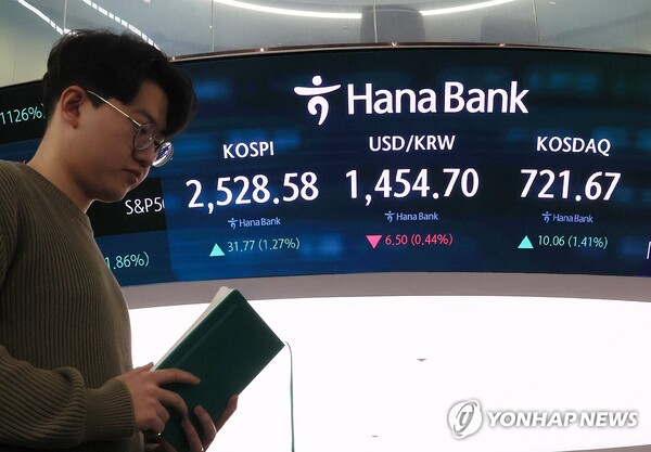 16일 서울 중구 하나은행 본점 딜링룸에서 직원들이 업무를 보고 있다.이날 코스피는 전장보다 31.46p(1.26%) 오른 2,528.27로 출발했다. 코스닥지수는 8.74p(1.23%) 오른 720.35에, 원/달러 환율은 6.2원 내린 1,455.0원에 개장했다. [사진=연합뉴스]