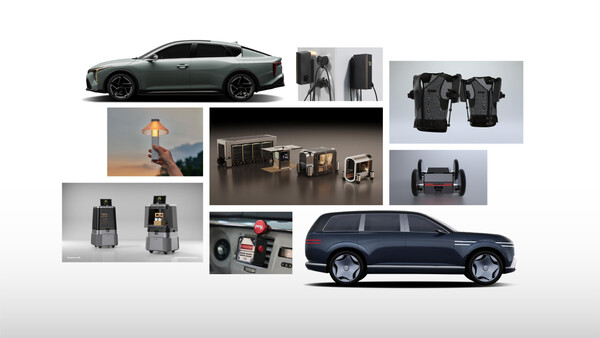 현대차∙기아 2024 굿디자인 어워드 수상작 (좌측 상단부터 시계방향으로 기아 K4, 가정용 충전기, 엑스블 숄더, 모베드 딜리버리, 제네시스 네오룬 콘셉트, 포니 디퓨저, 달이 딜리버리, 멀티랜턴, 중앙은 DICE·SPACE·CITY POD) [사진=현대자동차∙기아]