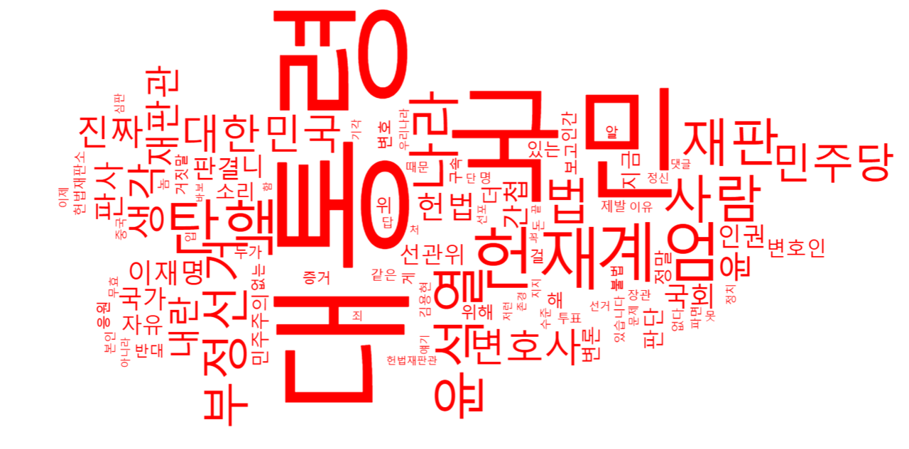 '윤 대통령 변론기일' 관련 댓글 단어들. '대통령', '국민', '헌재' ,'계엄', '윤석열', '부정선거' 등이 눈에 띈다. [사진=뉴스퀘스트]