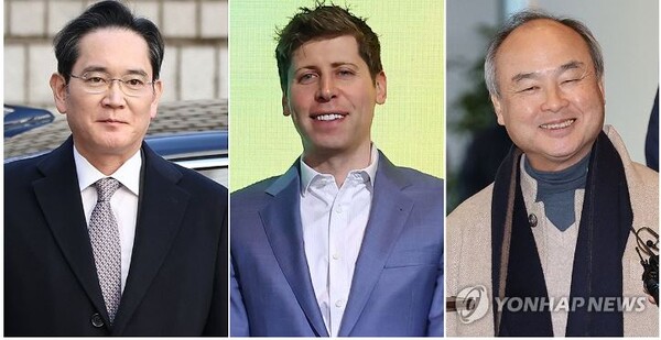 삼성 이재용 회장(사진 왼쪽)과 샘 올트먼CEO(가운데), 손정의 회장은 지난 4일 삼성전자 서초동 사옥에서 'AI 회동'을 가졌다.[사진=연합뉴스]