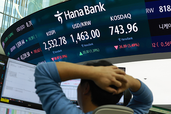 28일 서울 중구 하나은행 본점 딜링룸에서 딜러들이 업무를 보고 있다. 이날 코스피는 전 거래일보다 88.97p(3.39%) 내린 2532.78로 마감했다. 원/달러 환율은 20.4원 오른 1463.4원, 코스닥지수는 26.89p(3.49%) 내린 743.96으로 장을 마쳤다. [사진=연합뉴스]