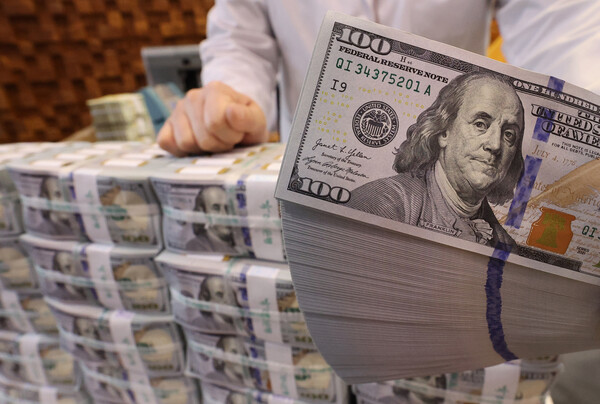 한국은행이 발표한 외환보유액 통계에 따르면 2월 말 기준 외환보유액은 4092억1000만달러로 1월 말보다 18억달러 감소한 것으로 분석됐다. 서울 중구 하나은행 위·변조 대응센터 직원이 달러를 정리하고 있는 모습. [사진=연합뉴스]