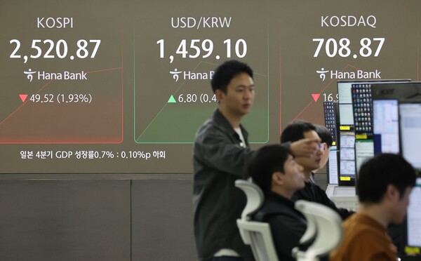 도널드 트럼프 미국 대통령이 폭스뉴스 인터뷰와의 인터뷰에서 경기침체를 감수하고서도 고율의 관세 정책을 강행하겠다는 의지를 내비친 후 미국과 한국 증시에 대한 투자심리가 급격히 얼어붙었다. 11일 오전 서울 중구 하나은행 딜링룸. [사진=연합뉴스]