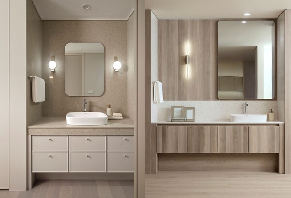 DL이앤씨 '디 셀렉션' 소프트 클래식(왼쪽)과 모던 내추럴 스타일 파우더룸 비교 사진. [사진=DL이앤씨]