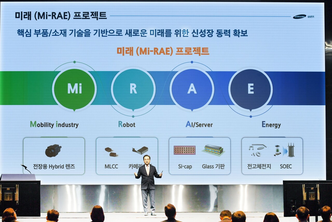 장덕현 삼성전기 대표이사 사장이 19일 정기 주주총회에서 올해 사업 계획을 발표하고 있다. [사진=삼성전기]