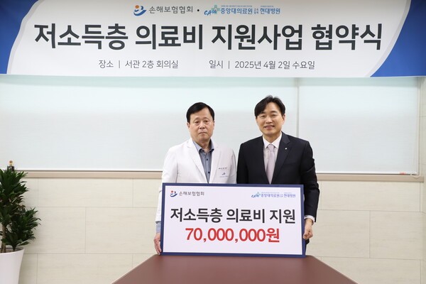 김부섭 중앙대의료원 교육협력 현대병원 병원장(사진 왼쪽), 이병래 손해보험협회 회장이 2일 저소득층의 의료비를 지원하기 위해 업무 협약을 체결한 후 기념촬영을 하고 있다. [사진=손해보험협회]