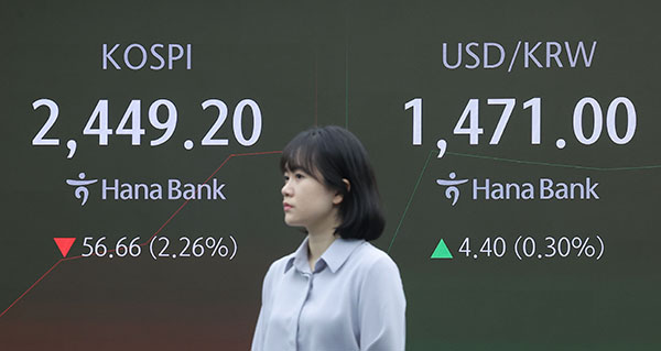 도널드 트럼프 미 행정부가 한국에 25%의 상호관세 세율을 적용한 가운데 3일 오전 서울 중구 하나은행 본점 딜링룸에서 딜러가 업무를 보고 있다. 이날 코스피는 전날보다 19.16포인트(-0.76%) 내린 2486.70에 장을 마쳤다. [사진=연합뉴스]
