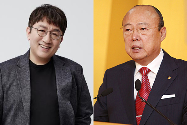 (사진 왼쪽부터) 방시혁 하이브 의장, 김승연 한화그룹 회장. [사진=각사 제공]