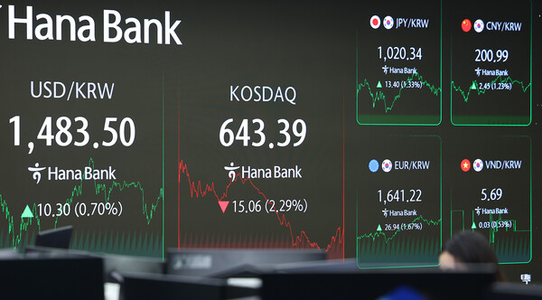 삼성자산운용은 지난 2일(현지시간) 미국 트럼프 정부가 전 세계 185개국에 대해 상호 관세를 부과하겠다고 발표한 이후 이달 3~8일 4거래일 동안 KODEX 미국나스닥100레버리지(합성H)에 193억원의 개인 누적 순매수가 유입됐다고 9일 밝혔다. 이날 오후 서울 중구 하나은행 본점 딜링룸에 각종 환율이 표시돼 있다. [사진=연합뉴스]