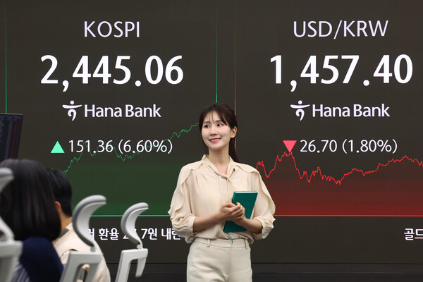도널드 트럼프 미국 대통령이 중국을 제외한 다른 국가들에게 상호관세를 90일 동안 유예한다고 발표한 후 10일 코스피 지수가 이전 거래일보다 6.6% 상승한 2445.06에 장을 마쳤다. 이날 오후 서울 중구 하나은행 본점 딜링룸 현황판에 코스피, 원/달러 환율이 표시돼 있다. [사진=연합뉴스]