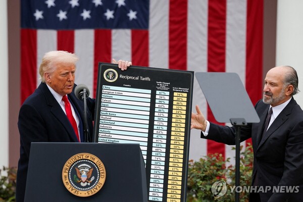 트럼프 대통령에 국가별 관세표 건네는 러트닉 상무장관. [사진=로이터/연합뉴스]