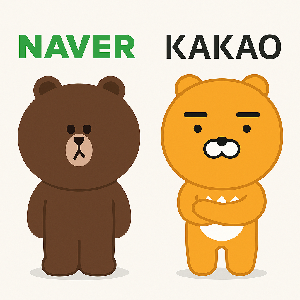 라인프렌즈 캐릭터 '브라운(왼쪽)'과 카카오프렌즈 캐릭터 '라이언'. [그래픽=챗GPT]