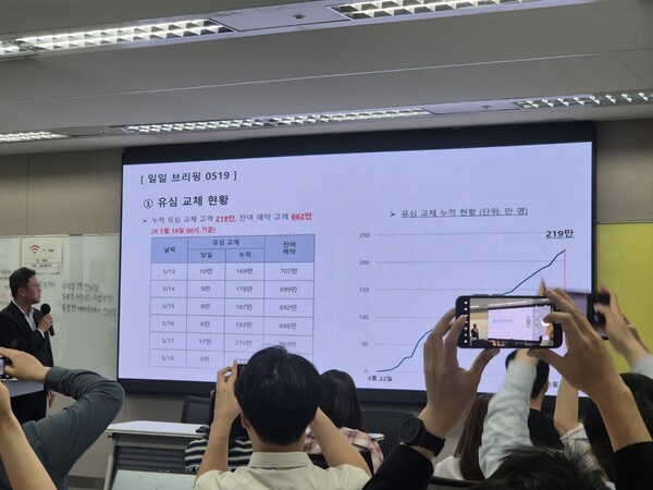 김희섭 SKT PR 센터장이 19일 열린 사이버해킹 일일브리핑에서 발표하고 있다. [사진=황재희 기자]