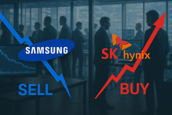 한국거래소 정보데이터시스템에 따르면 이달 2일부터 19일까지 외국인 투자자들이 코스피 시장에서 가장 많이 매도한 종목은 삼성전자, 매수한 종목은 SK하이닉스인 것으로 집계됐다. 삼성전자와 SK하이닉스에 대한 외국인 투자 방향성에 대한 가상의 이미지.  [사진=DALL·E]