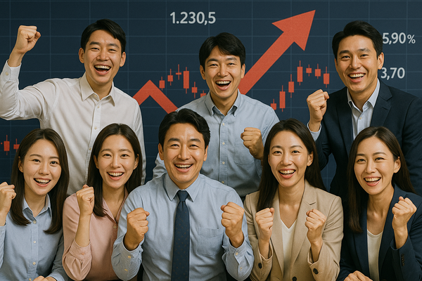증권업이 차기 정부의 경제 활성화 정책에 의한 대표적인 수혜 종목으로 분류되면서 주요 증권사 종목이 이달 들어 52주 신고가를 경신했다. 증권업종 주가 상승에 환호하는 개인 투자자들과 관련한 가상의 이미지.  [사진=DALL·E]
