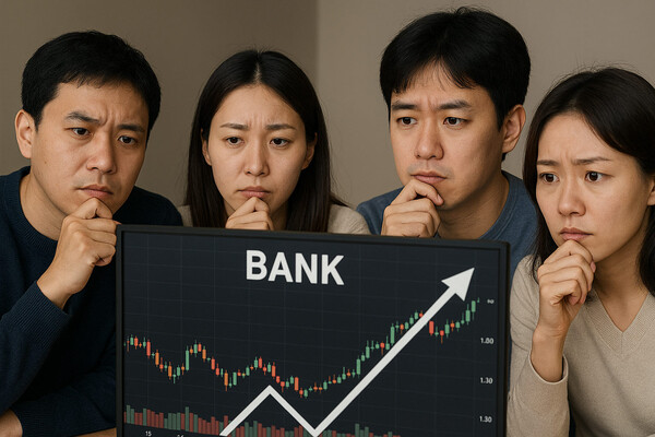 다음 달 대통령선거를 앞두고, 상생금융 압박 등에 은행업 수익성 저하에 대한 우려의 목소리가 나오고 있는 가운데 증권업계는 주주환원정책을 비롯한 증시 활성화 정책에 은행주가 우상향 기조를 이어갈 것으로 전망했다. 은행주 주가 흐름에 대해 궁금해하는 개인 투자자들과 관련한 가상의 이미지. [사진=DALL·E]