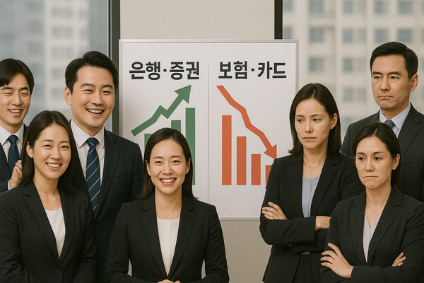 금융업계와 증권가에서는 새 정부 출범 이후 올해 하반기 은행과 증권업은 우수한 성과를 내겠지만, 보험과 카드업은 만족스럽지 못한 실적을 거둘 것으로 전망됐다. 금융업권별 실적 전망과 관련한 가상의 이미지. [사진=DALL·E]