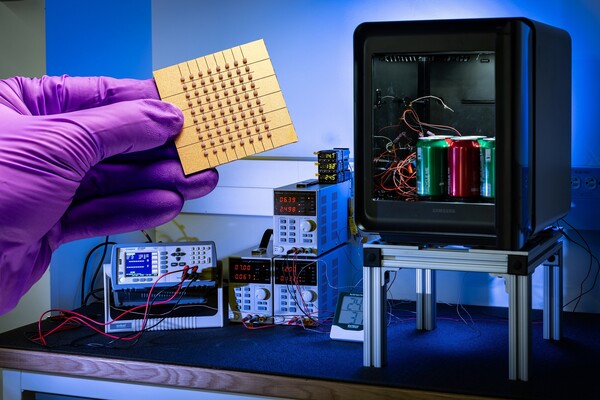 삼성전자와 존스홉킨스대학 연구팀이 개발한 나노 박막 펠티어 소자와 고효율 펠티어 냉장고. [사진=삼성전자]