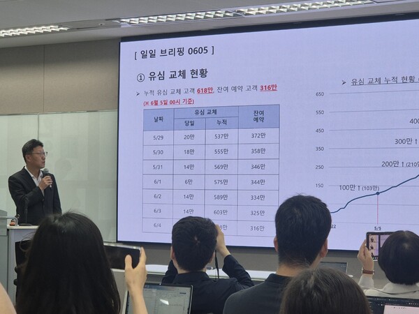 6월 5일, 서울 을지로 삼화빌딩 3층에서 김희섭 SKT PR 센터장이 유심 교체 현황을 발표하고 있다 [사진=황재희 기자]
