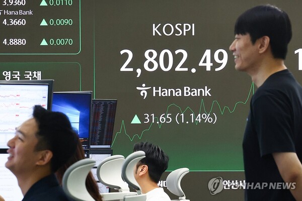 5일 서울 중구 하나은행 본점 딜링룸 현황판에 코스피가 표시돼 있다. 이날 코스피는 전장보다 41.21포인트(1.49%) 오른 2812.05에 장을 마쳤다. [사진=연합뉴스]