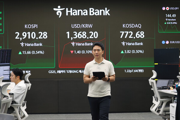 최근 이스라엘의 기습적인 이란 공습에 금융시장 변동성에 대한 우려가 커졌지만, 16일 코스피 지수는 신정부 주가부양책에 대한 기대감 등으로 2900선에서 등락을 거듭하면 선방하는 모습을 보였다. 서울 중구 하나은행 딜링룸 현황판에서 직원들이 업무를 보고 있다. [사진=연합뉴스]