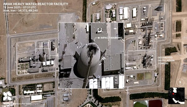 지난 6월 19일 이스라엘의 공습으로 돔 부분이 파괴된 이란 아라크 원전의 원자로 핵심시설. 수도 테헤란에서 남서쪽으로 약 250㎞ 떨어진 아라크에는 중수로에서 추출된 플루토늄 생산 시설이 자리해 있다.[사진=SNS캡처]