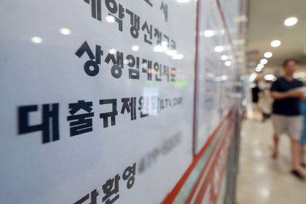 정부가 가계대출 관리·강화를 목표로 역대급 대출 규제를 내놓은 가운데 규제 시행 사흘째인 30일 은행 창구에서는 별다른 혼선이 빚어지지 않고 있다.  서울 시내 부동산 중개업소에 게시된 대출 등 상담 안내. [사진=연합뉴스]