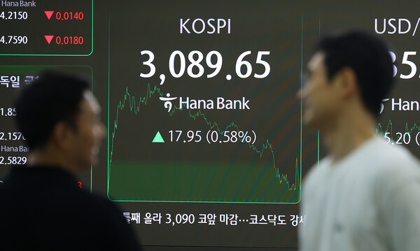 1일 서울 중구 하나은행 본점 딜링룸에 코스피가 표시돼 있다. 이날 코스피는 전 거래일 대비 17.95포인트(0.58%) 오른 3,089.65로 마감했으며 코스닥 지수는 2.17포인트(0.28%) 오른 783.67로 거래를 마쳤다. [사진=연합뉴스]