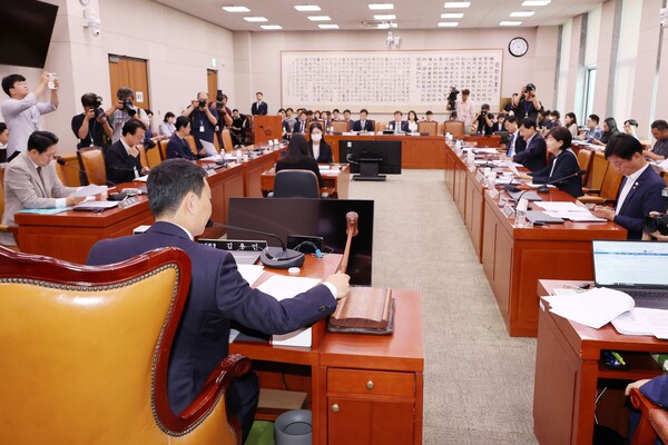 2일 국회 법제사법위원회 법안심사제1소위원회에서 더불어민주당 소속 김용민 소위원장이 상법 일부개정법률안 등 안건을 상정하며 의사봉을 두드리고 있다. [사진=연합뉴스]