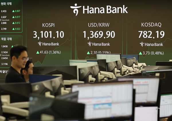 한국거래소에 따르면 8일 오전 10시께 코스피 지수는 전장 대비 46.50포인트(1.52%) 오른 3105.97을 기록했다. 서울 중구 하나은행 본점 딜링룸에서 직원들이 업무를 보고 있다. [사진=연합뉴스]