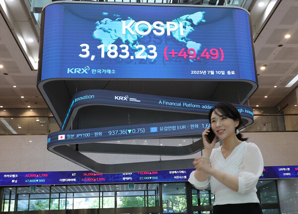 코스피지수가 연일 연고점을 경신한 10일 서울 여의도 한국거래소 전광판에 코스피지수가 표시돼 있다. 이날 코스피는 전장보다 49.49포인트(1.58%) 오른 3,183.23에 장을 마쳤다. [사진=연합뉴스]