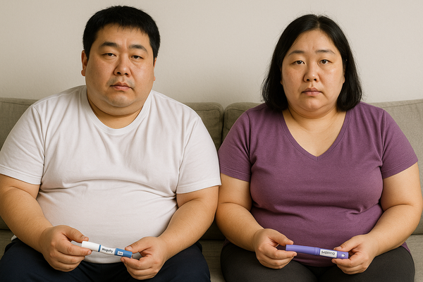  금융감독원은 ‘실손보험 관련 주요 분쟁 사례·소비자 유의 사항’ 자료를 통해 “실손보험에서 비만 관련 의료비는 보상하지 않는 것이 일반적이므로 가입 상품의 약관을 잘 살펴봐야 한다”고 15일 밝혔다. 비만치료 처방을 받은 남녀에 대한 가상의 이미지. [사진=DALL·E]