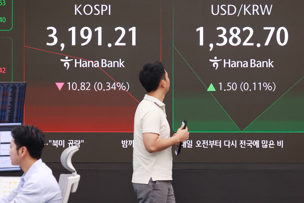 코스피 지수가 3200선까지 도달하면서 사상 최고가 경신 여부에 대한 관심이 높아지고 있는 가운데 일각에서는 미국 상호 관세 등 대외적인 요소를 고려하면서 최소한의 경계감을 가져야 한다고 조언했다.  15일 서울 중구 하나은행 딜링룸에서 직원들이 업무를 보고 있다. [사진=연합뉴스]