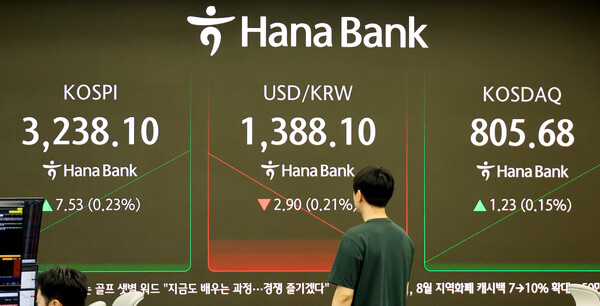 주요 증권사들은 8월 코스피 지수 예상 범위를 2900~3300선으로 제시하면서 본격적인 '3000시대'가 열릴 것으로 전망했다. 서울 중구 하나은행 본점에서 직원들이 증시와 환율 등을 살펴보고 있다. [사진=연합뉴스]