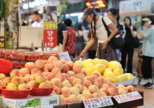통계청 국가통계포털(KOSIS)에 따르면 7월 식료품 및 비주류음료 물가지수는 125.75(2020년=100)으로 전년 동기 대비 3.5% 상승했다. 서울 한 재래시장에 과일들이 진열돼있다. [사진=연합뉴스]