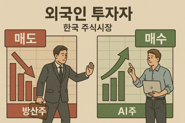 한국거래소에 따르면 8월 초순(1일~11일) 외국인 투자자가 코스피 시장에서 가장 많이 매도한 상위 종목으로 현대로템(1780억원), 한화에어로스페이스(870억원), 한화시스템(740억원), LIG넥스원(710억원) 등이 포함된 것으로 집계됐다. 외국인 투자자 매수 흐름 관련 가상의 이미지. [사진=DALL·E]