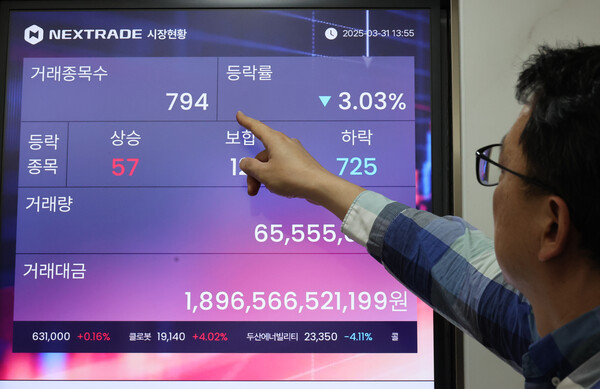 넥스트레이드는 시장 거래량 제한을 위해 총 79개 종목의 거래를 일시 중단한다고 18일 밝혔다. 서울 여의도 넥스트레이드 본사 전광판을 짚어보는 시민의 모습. [사진=연합뉴스]