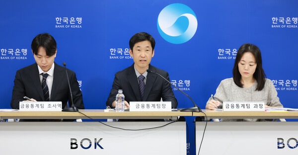 한국은행이 발표한 ‘2025년 2분기 가계신용(잠정)’ 통계에 따르면 지난 6월 말 기준 가계신용 잔액은 1952조8000억원인 것으로 분석됐다. 윤석규 금융통계팀 조사역(사진 왼쪽부터), 김민수 금융통계팀장, 배지현 금융통계팀 과장이 관련 내용을 설명하고 있다. [사진=한국은행]