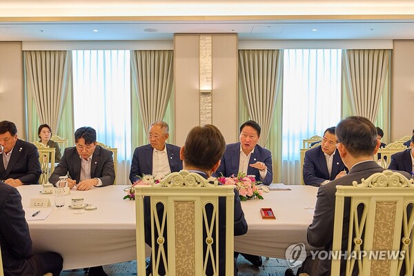 지난 19일 서울 용산 대통령실 청사에서 이재명 대통령이 미일 순방 경제인 간담회를 하고 있다. (오른쪽부터) 김동관 한화그룹 부회장, 최태원 대한상공회의소 회장 겸 SK그룹 회장, 류진 한국경제인협회장, 조원태 한진그룹 회장, 서정진 셀트리온 회장. [사진=대통령실]