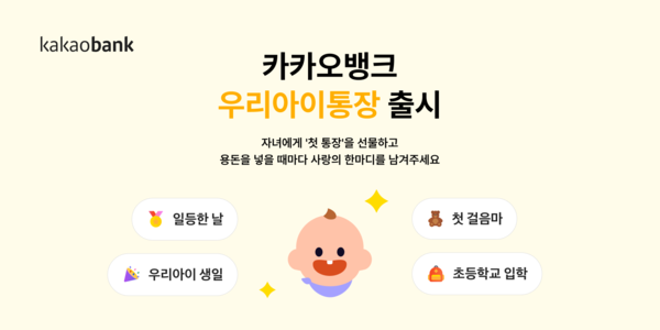 카카오뱅크는 미성년 자녀를 둔 부모가 아이 명의로 계좌를 개설할 수 있도록 ‘우리아이통장’과 ‘우리아이적금’을 출시한다고 15일 밝혔다. [사진=카카오뱅크]